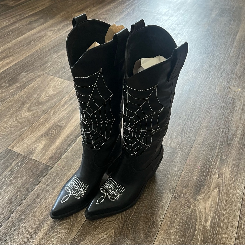 Black Western Boots with Spider Web Design
